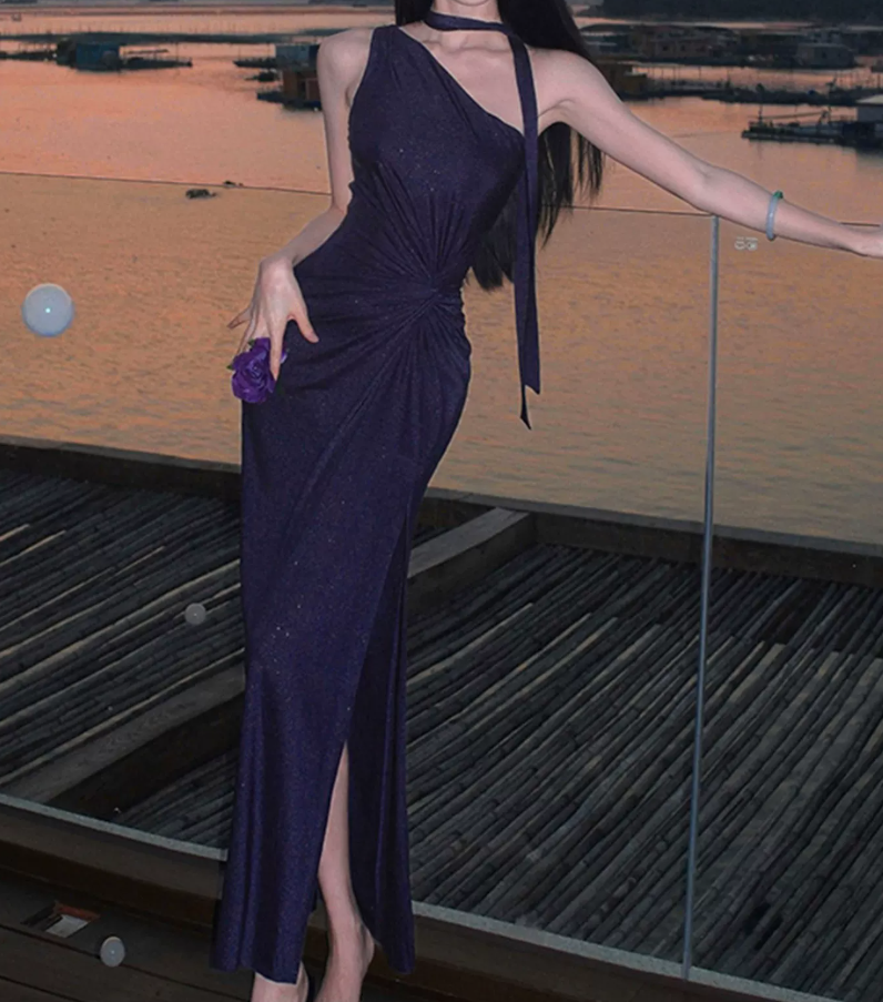 Chic One Shoulder Slit Maxi Dress Purple Sequins Mermaid Long Dress C9675