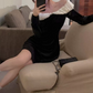 Playful Off-Shoulder A-Line Mini Dress Long Sleeve Black Short Dress C9676