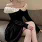 Playful Off-Shoulder A-Line Mini Dress Long Sleeve Black Short Dress C9676