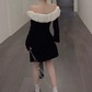 Playful Off-Shoulder A-Line Mini Dress Long Sleeve Black Short Dress C9676