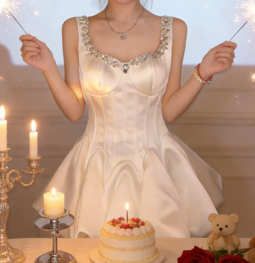 Lovely Spaghetti Straps Satin Homecoming Dress White Beaded A-Line Party Dress C9677