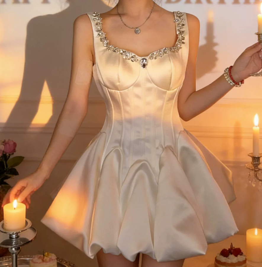Lovely Spaghetti Straps Satin Homecoming Dress White Beaded A-Line Party Dress C9677