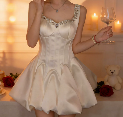 Lovely Spaghetti Straps Satin Homecoming Dress White Beaded A-Line Party Dress C9677