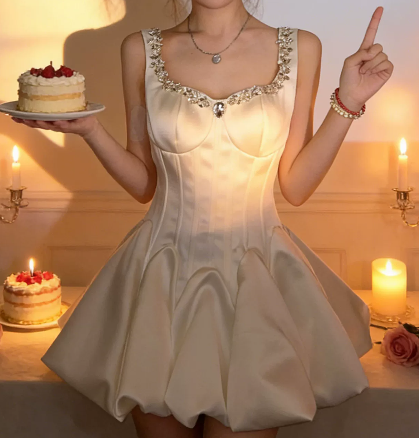 Lovely Spaghetti Straps Satin Homecoming Dress White Beaded A-Line Party Dress C9677