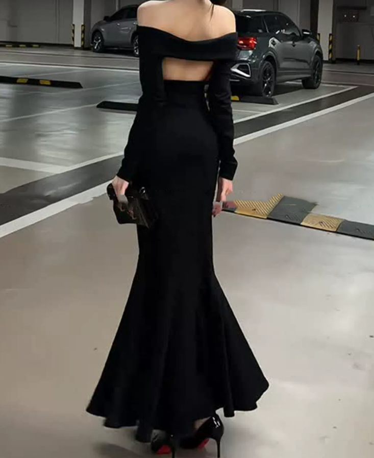 Sleek Off-Shoulder Black Maxi Dress Long Sleeve Mermaid Long Dress C9678