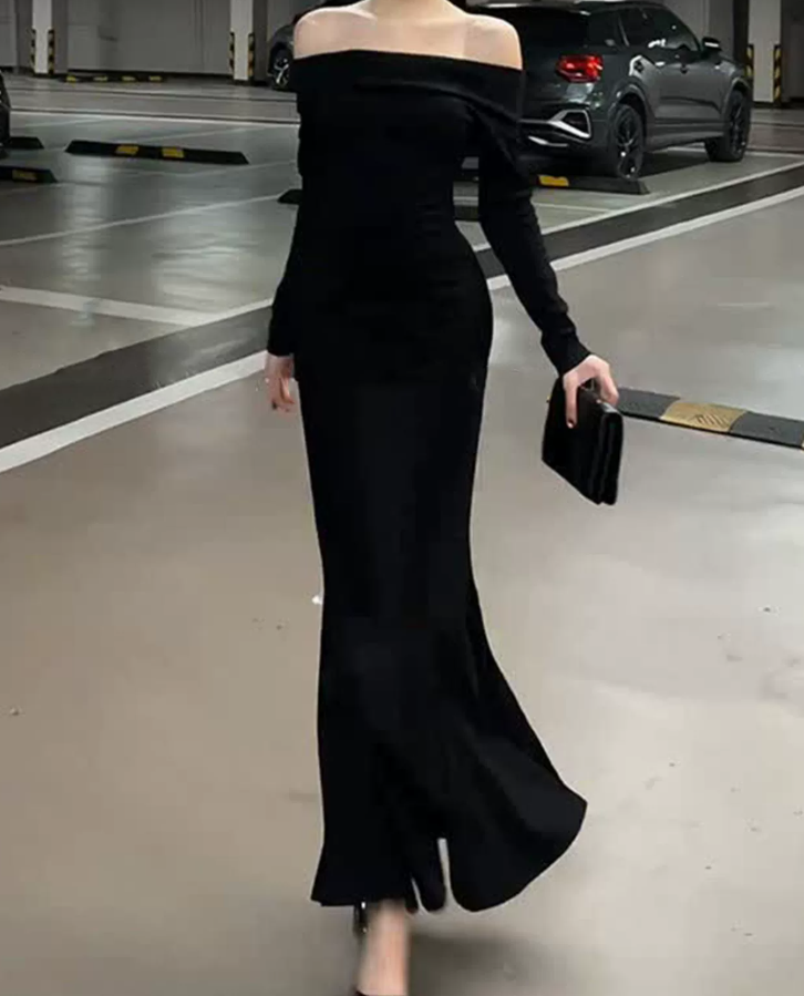 Sleek Off-Shoulder Black Maxi Dress Long Sleeve Mermaid Long Dress C9678