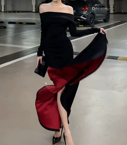 Sleek Off-Shoulder Black Maxi Dress Long Sleeve Mermaid Long Dress C9678