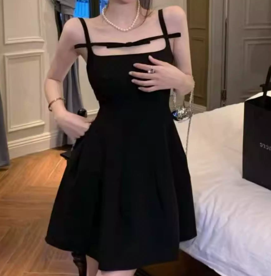 Playful Spaghetti Straps A-Line Mini Dress Black Summer Short Dress C9679