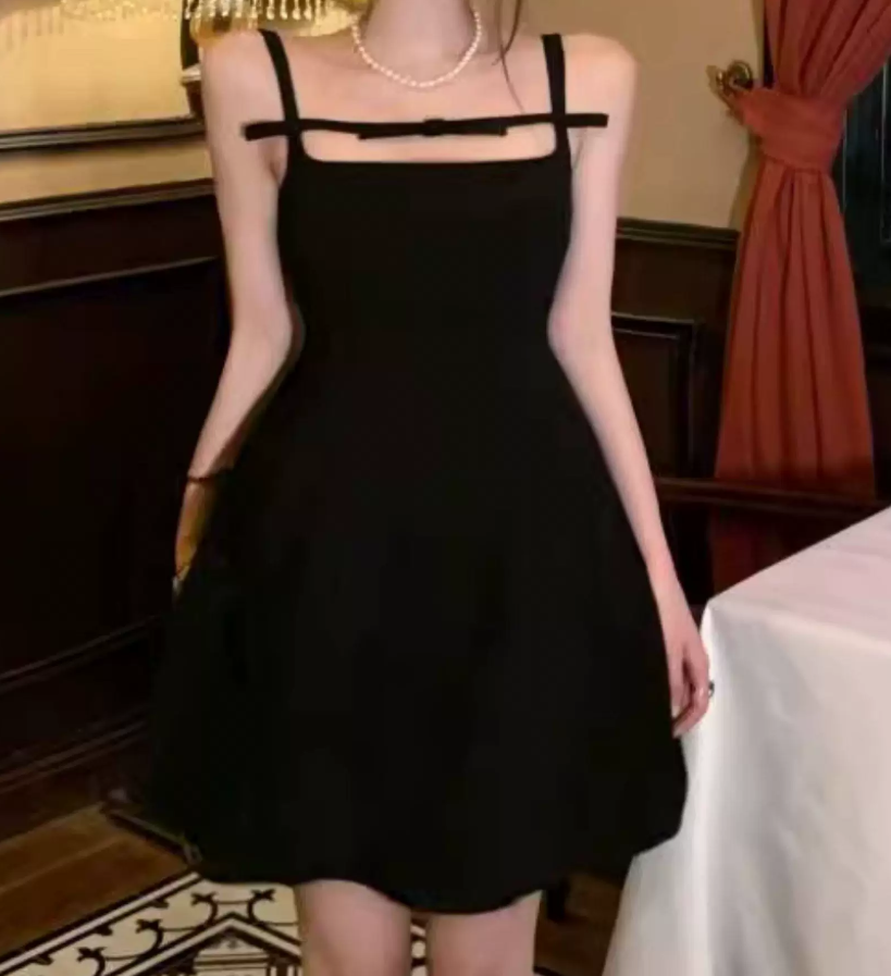 Playful Spaghetti Straps A-Line Mini Dress Black Summer Short Dress C9679