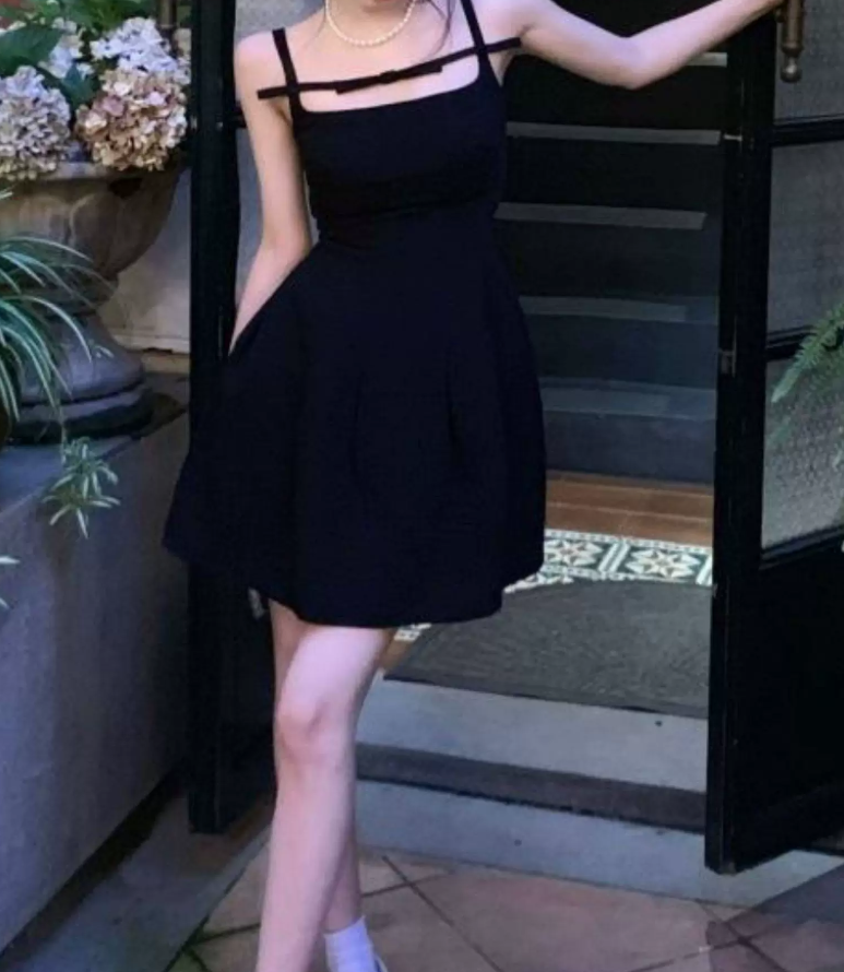 Playful Spaghetti Straps A-Line Mini Dress Black Summer Short Dress C9679