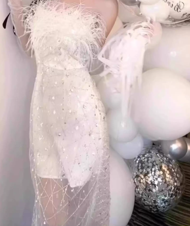 Glam Strapless White Homecoming Dress Feather Sequins Sheath Party Dress C9680