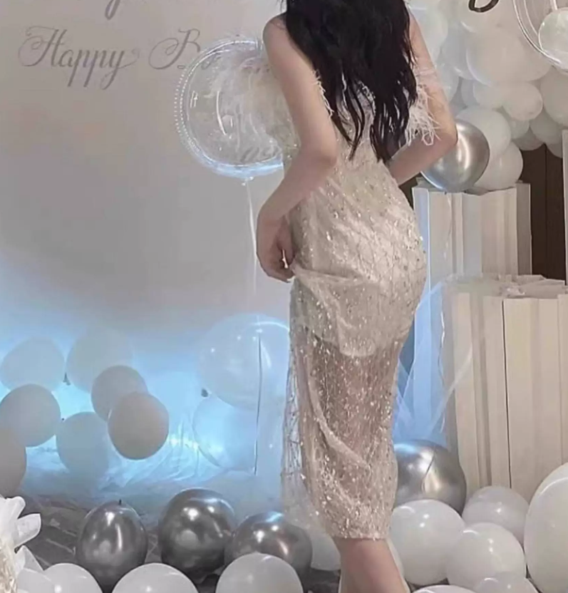 Glam Strapless White Homecoming Dress Feather Sequins Sheath Party Dress C9680