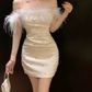 Attractive Off-Shoulder White Homecoming Dress Feather Sequins Sheath Party Dress C9681