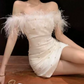 Attractive Off-Shoulder White Homecoming Dress Feather Sequins Sheath Party Dress C9681