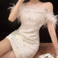 Attractive Off-Shoulder White Homecoming Dress Feather Sequins Sheath Party Dress C9681