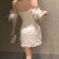 Attractive Off-Shoulder White Homecoming Dress Feather Sequins Sheath Party Dress C9681
