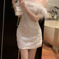 Attractive Off-Shoulder White Homecoming Dress Feather Sequins Sheath Party Dress C9681