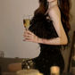 Sparkling Strapless Black Homecoming Dress Feather Sequins Sheath Party Dress C9683