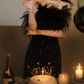 Sparkling Strapless Black Homecoming Dress Feather Sequins Sheath Party Dress C9683