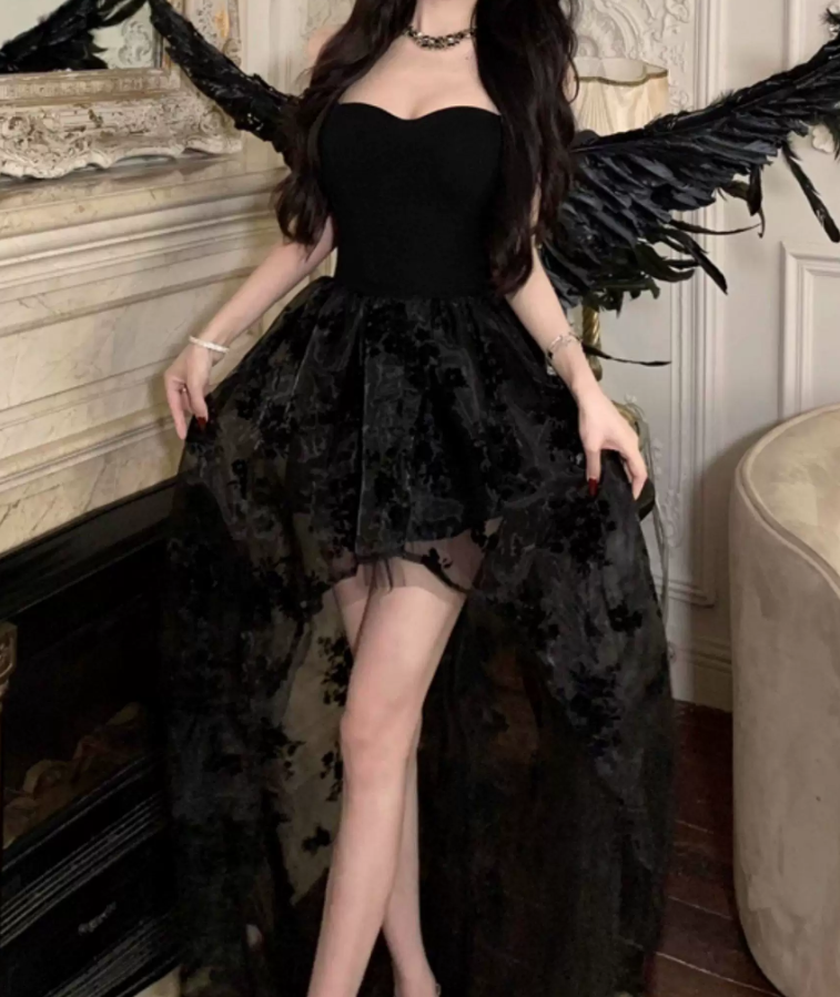 Unique Strapless A-Line Mini Dress Black Floral Short Dress C9684