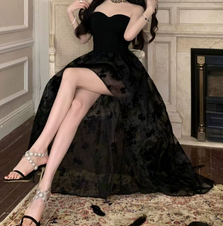 Unique Strapless A-Line Mini Dress Black Floral Short Dress C9684
