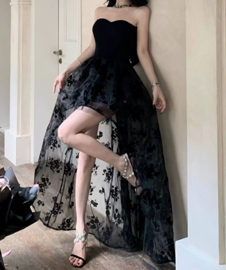Unique Strapless A-Line Mini Dress Black Floral Short Dress C9684