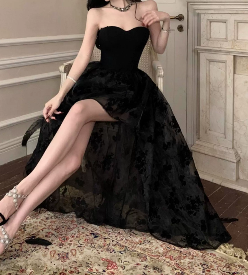 Unique Strapless A-Line Mini Dress Black Floral Short Dress C9684