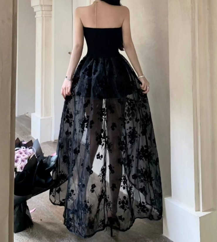 Unique Strapless A-Line Mini Dress Black Floral Short Dress C9684