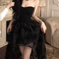 Unique Strapless A-Line Mini Dress Black Floral Short Dress C9684