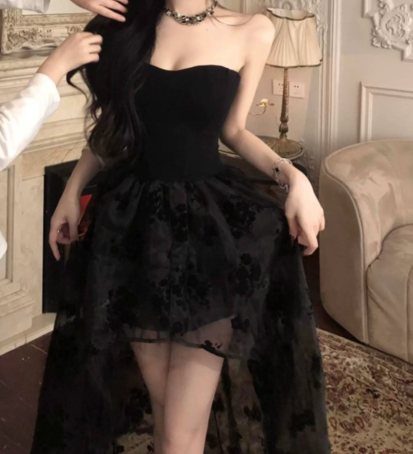 Unique Strapless A-Line Mini Dress Black Floral Short Dress C9684