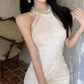 Fascinating Halter Neck White Homecoming Dress Beaded Sheath Party Dress C9685