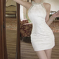 Fascinating Halter Neck White Homecoming Dress Beaded Sheath Party Dress C9685
