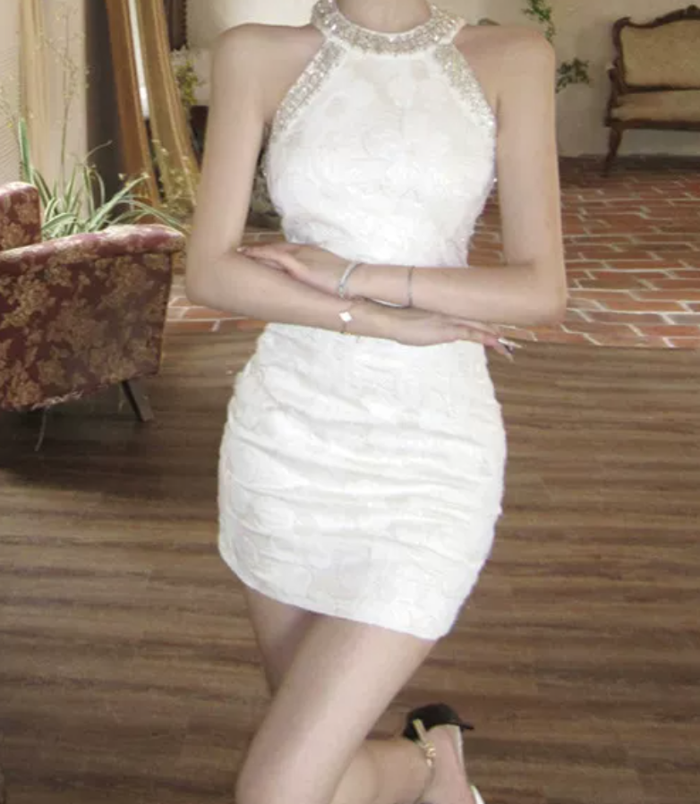 Fascinating Halter Neck White Homecoming Dress Beaded Sheath Party Dress C9685