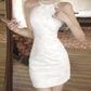 Fascinating Halter Neck White Homecoming Dress Beaded Sheath Party Dress C9685