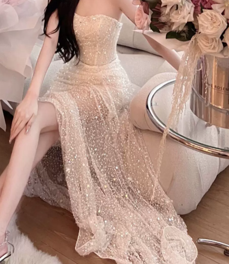 Shiny Strapless White Prom Dress Sequins Slit A-Line Evening Dress C9686