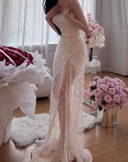 Shiny Strapless White Prom Dress Sequins Slit A-Line Evening Dress C9686