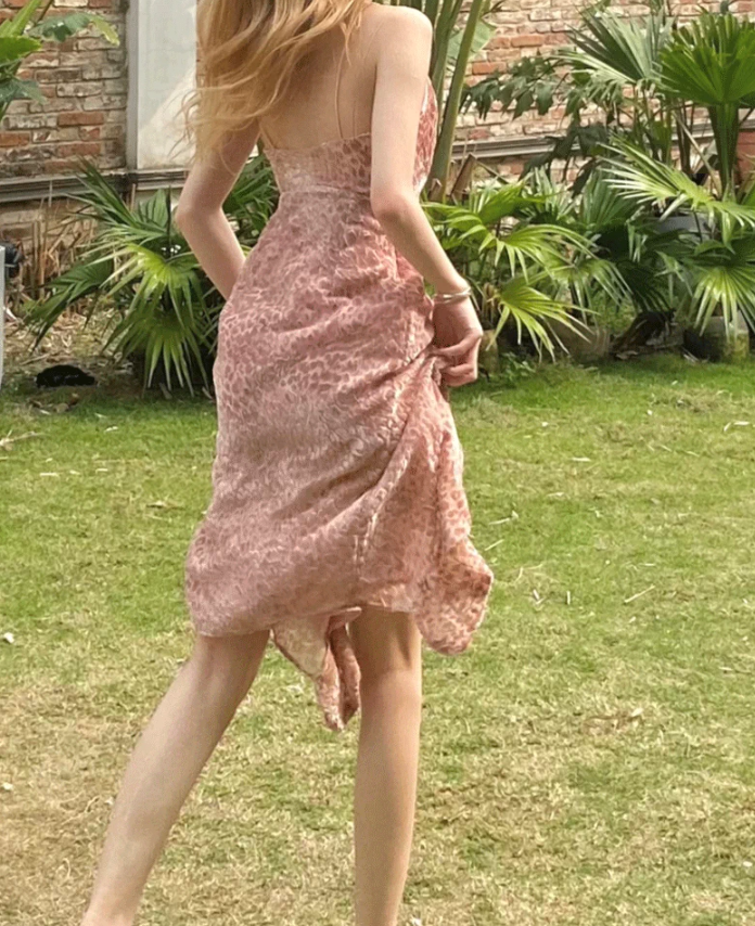 Romantic Spaghetti Straps A-Line Mini Dress Pink Leopard Short Dress C9688