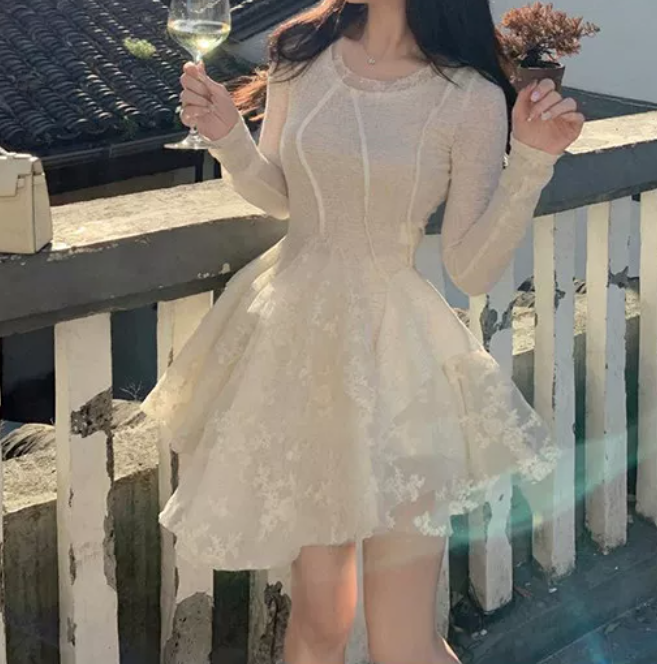 Graceful Long Sleeve A-Line Mini Dress White Lace Short Dress C9689