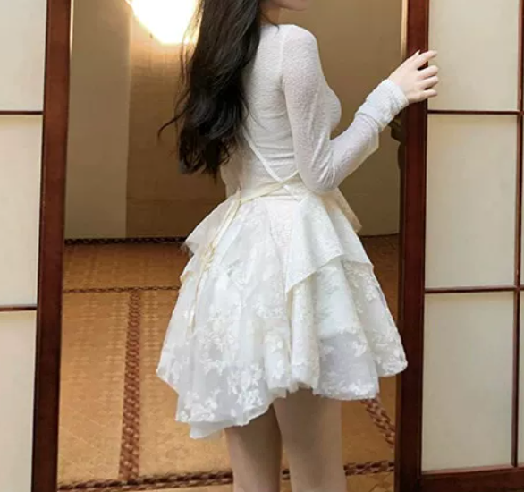 Graceful Long Sleeve A-Line Mini Dress White Lace Short Dress C9689
