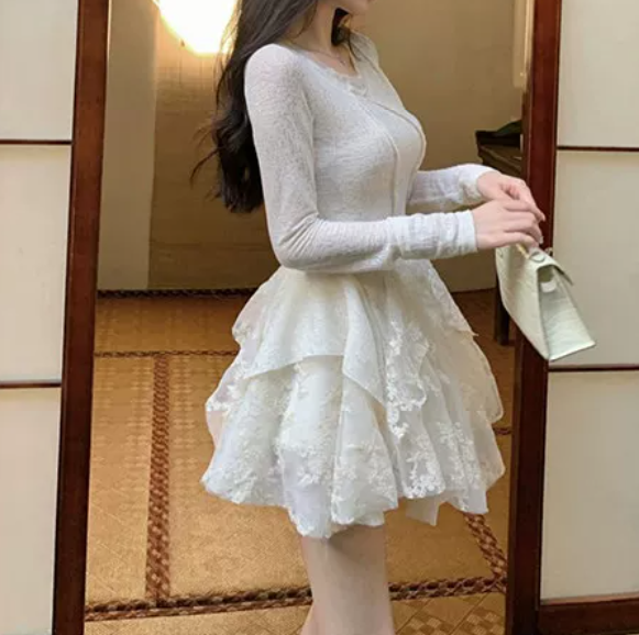 Graceful Long Sleeve A-Line Mini Dress White Lace Short Dress C9689
