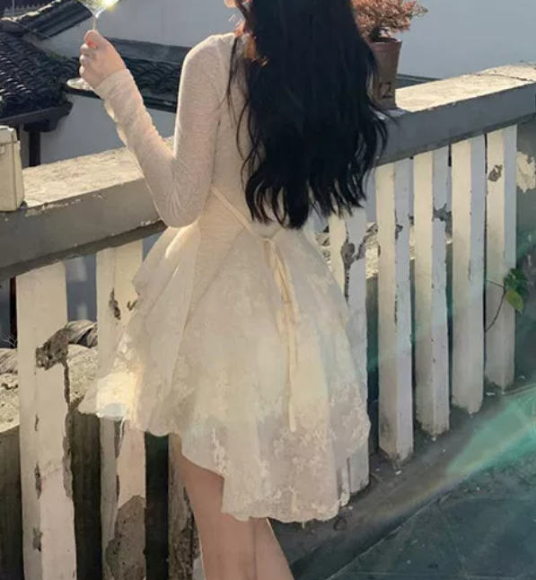 Graceful Long Sleeve A-Line Mini Dress White Lace Short Dress C9689