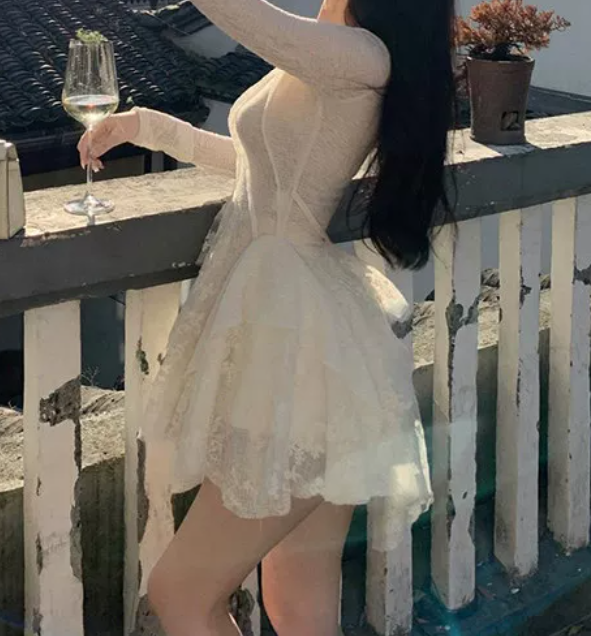 Graceful Long Sleeve A-Line Mini Dress White Lace Short Dress C9689