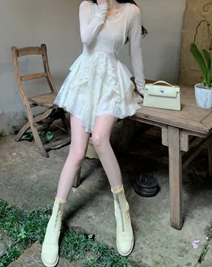 Graceful Long Sleeve A-Line Mini Dress White Lace Short Dress C9689