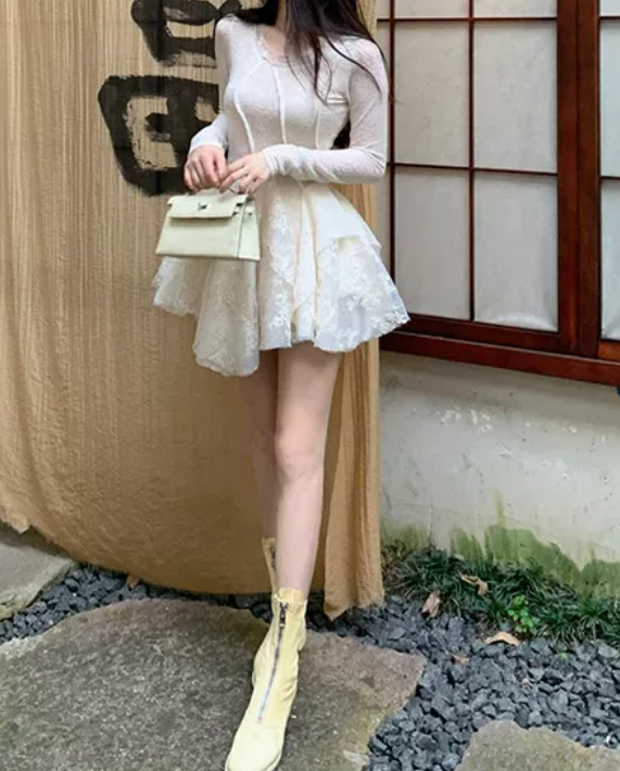 Graceful Long Sleeve A-Line Mini Dress White Lace Short Dress C9689