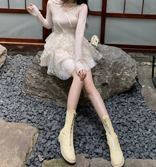 Graceful Long Sleeve A-Line Mini Dress White Lace Short Dress C9689