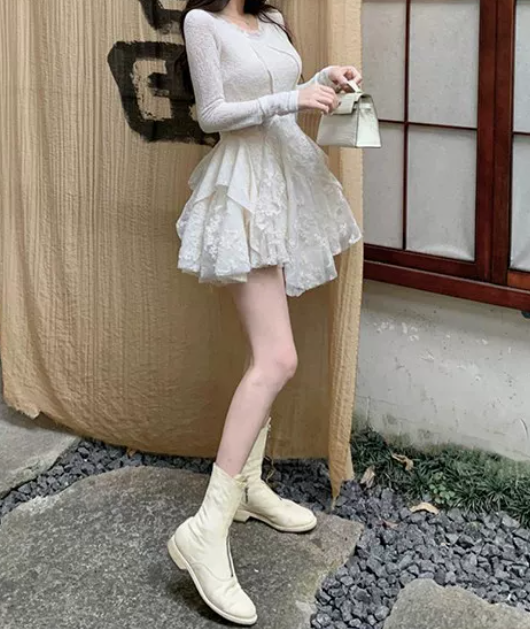 Graceful Long Sleeve A-Line Mini Dress White Lace Short Dress C9689