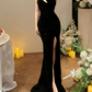 Fascinating One Shoulder Sequins Prom Dress Black Slit Mermaid Evening Dress C9690
