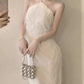 Trendy Halter Neck White Maxi Dress Feather Sheath Long Dress C9691