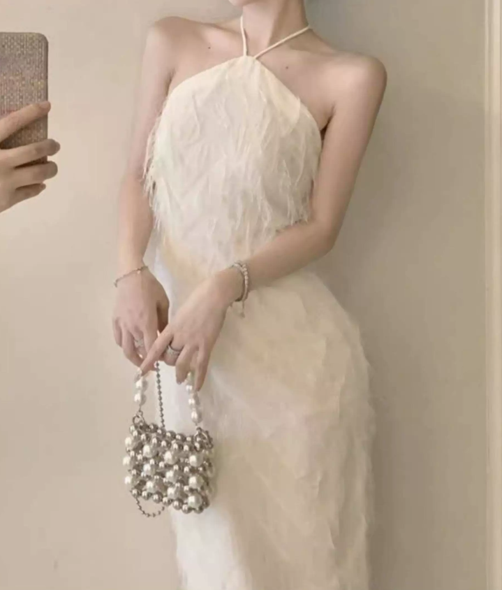 Trendy Halter Neck White Maxi Dress Feather Sheath Long Dress C9691