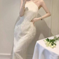 Trendy Halter Neck White Maxi Dress Feather Sheath Long Dress C9691